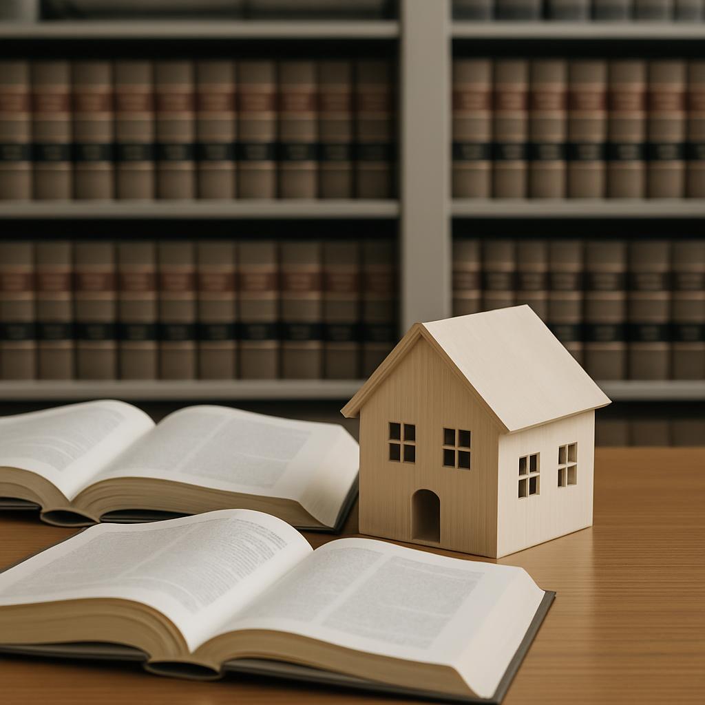 A close-up photograph of two books and a wooden model house on a wooden table in a library, featuring several large booksh...