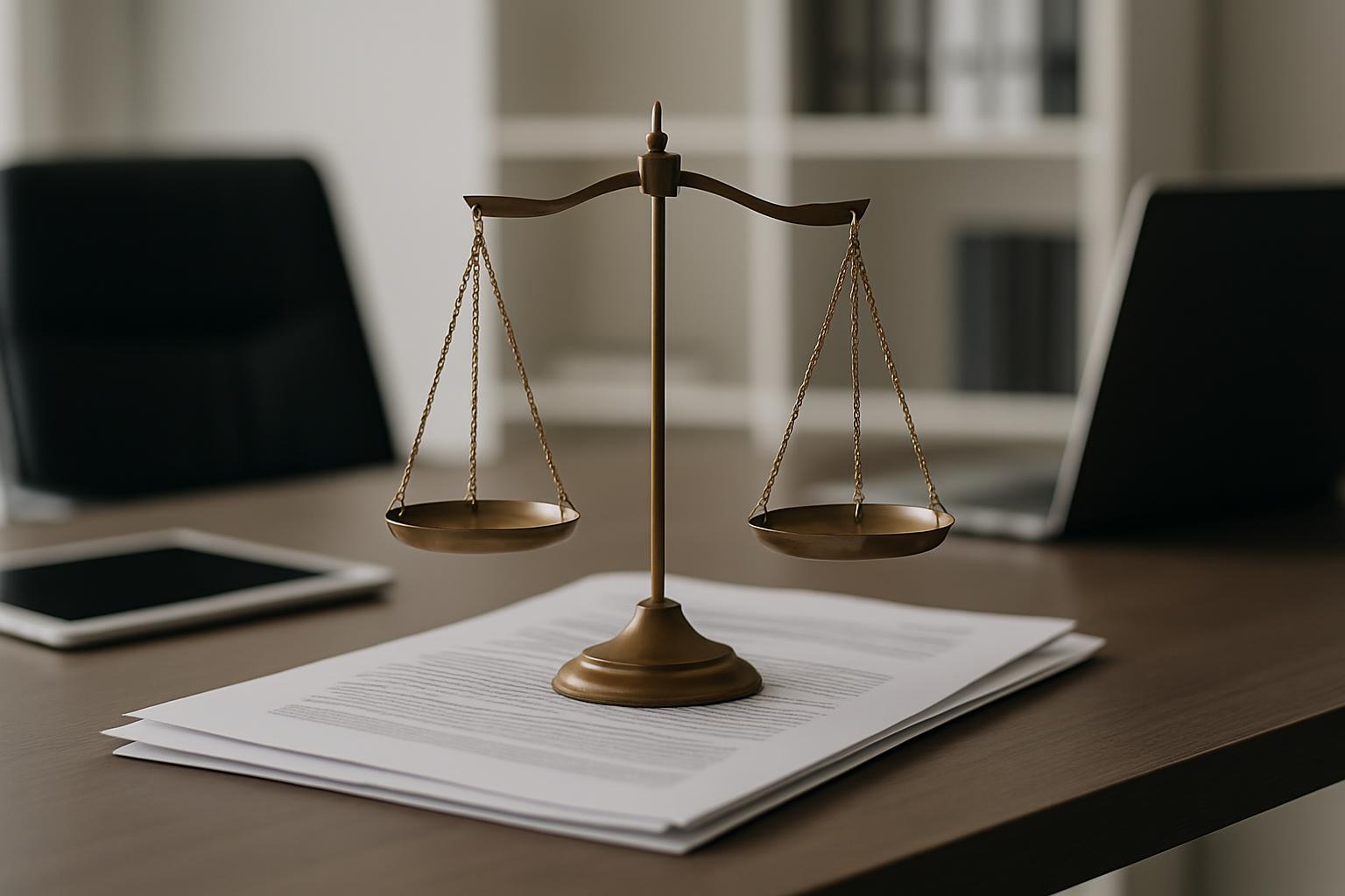 An antique double-faced balance scale depicting equality rests on white papers atop a brown desk. It is positioned between...