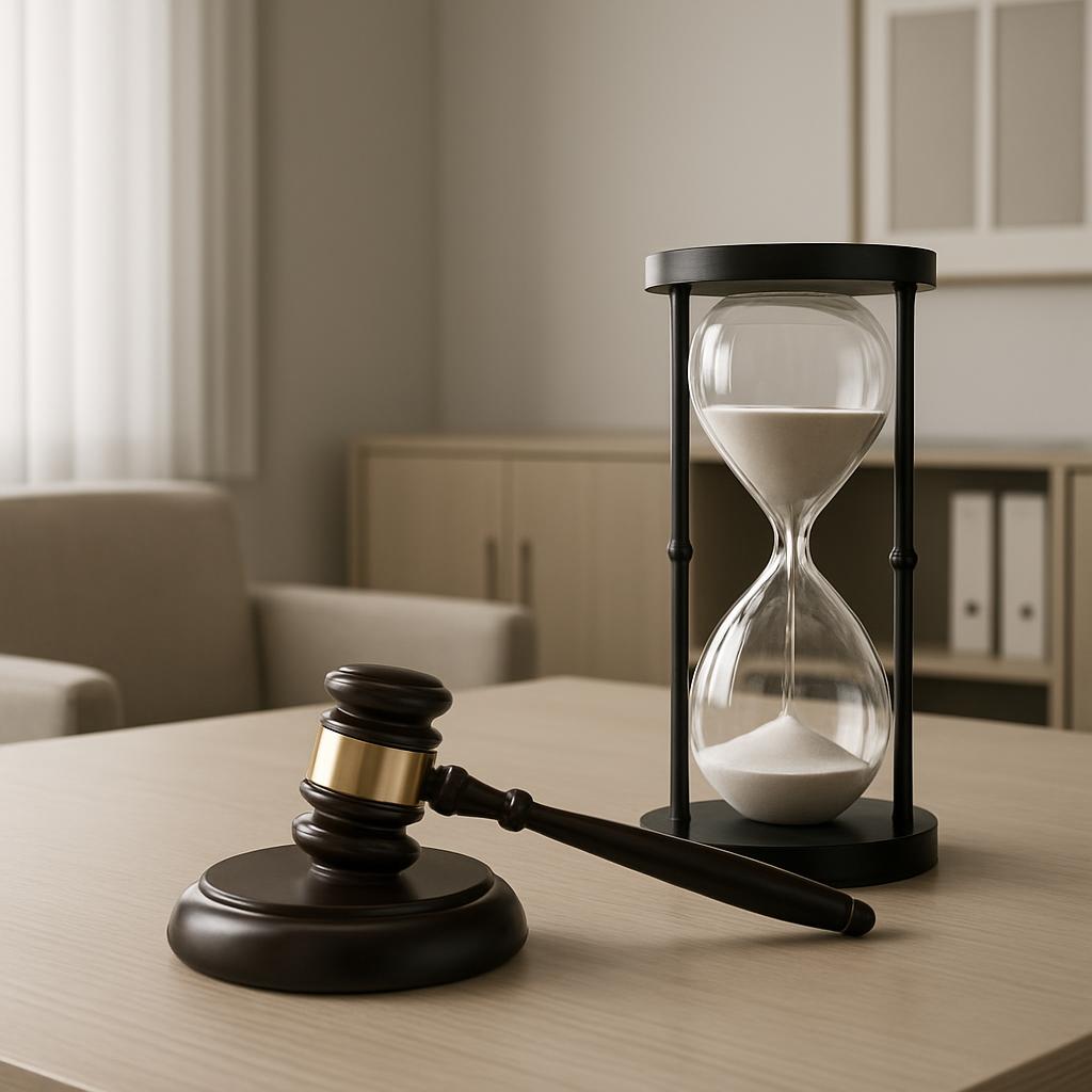 [Gavel and hourglass on a desk,-grey colored room in the background.]